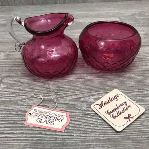 Pilgrims genuine cranberry glass pitcher & bowl / cream and sugar set - Picture 1 of 7